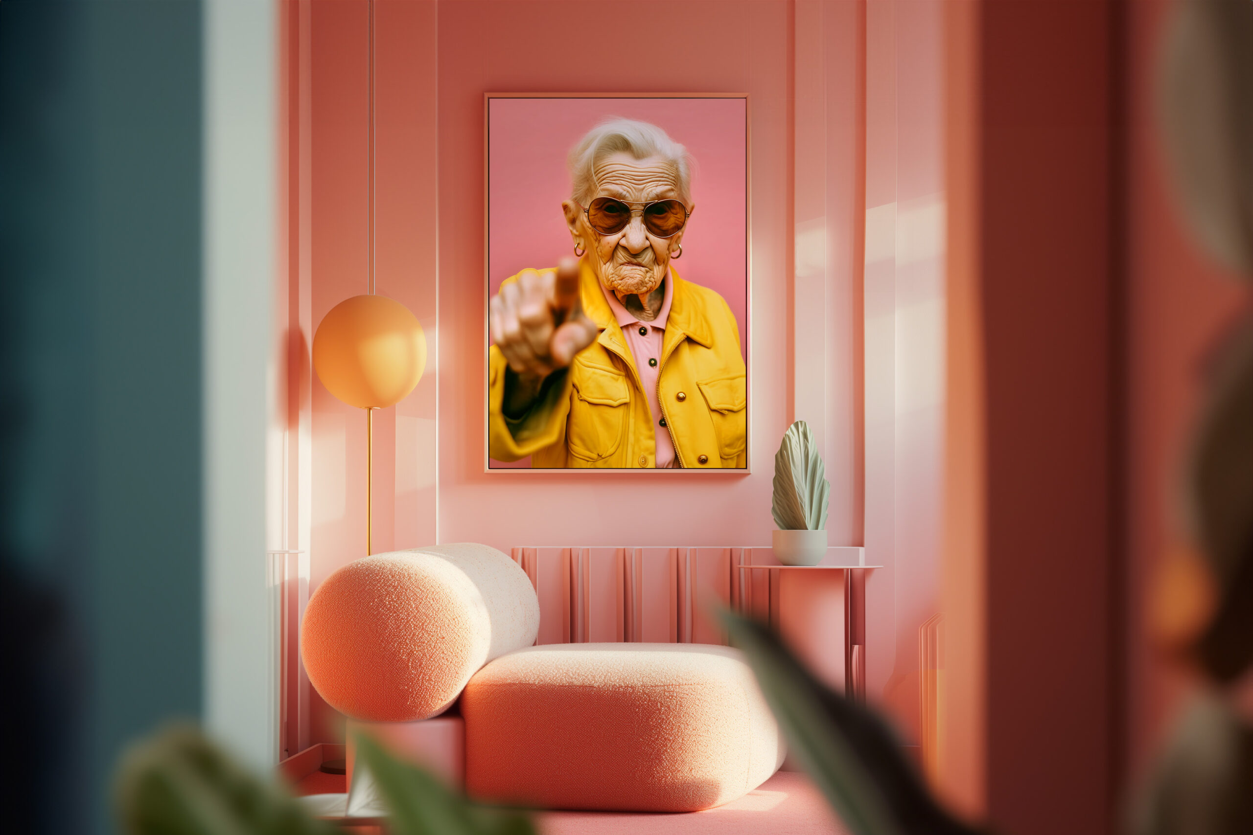 Vardagsrum med Future Youth print på väggen ovanför soffan